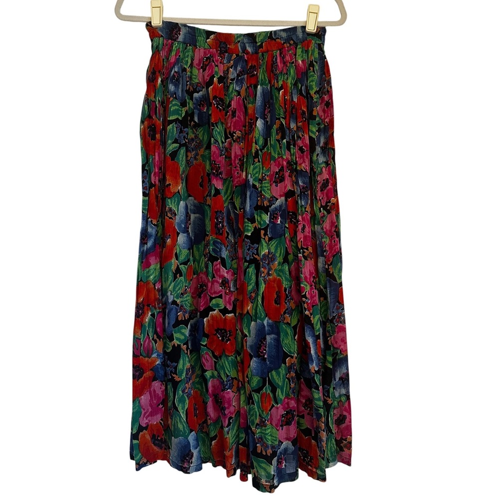 Blue Cabana Vintage Cotton Floral Poppy‎ Midi Skirt Elastic Waist S Resort Boho